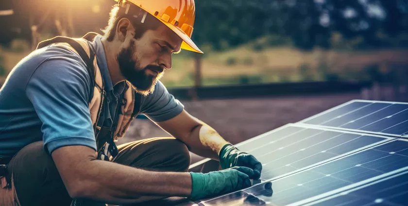 A man in a hard hat and safety glasses installing a solar panel.